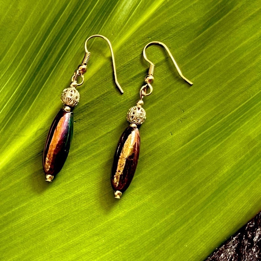 Antique Glass Beads Dangle Earrings Gold Tone